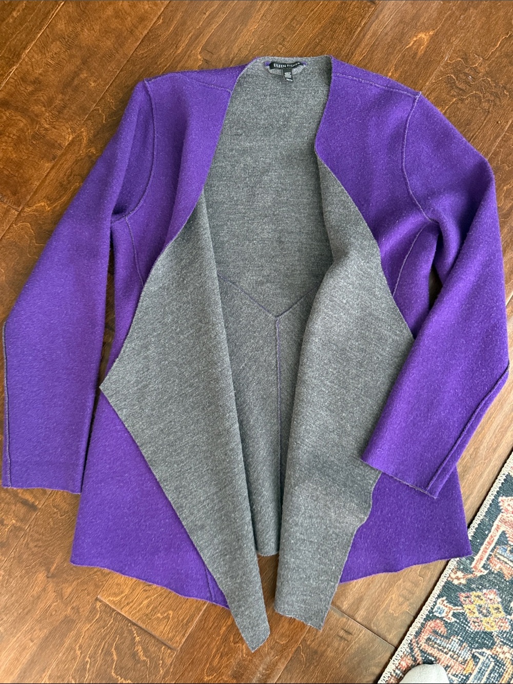 Eileen Fisher Purple and Gray Reversible Open Front Cardigan
